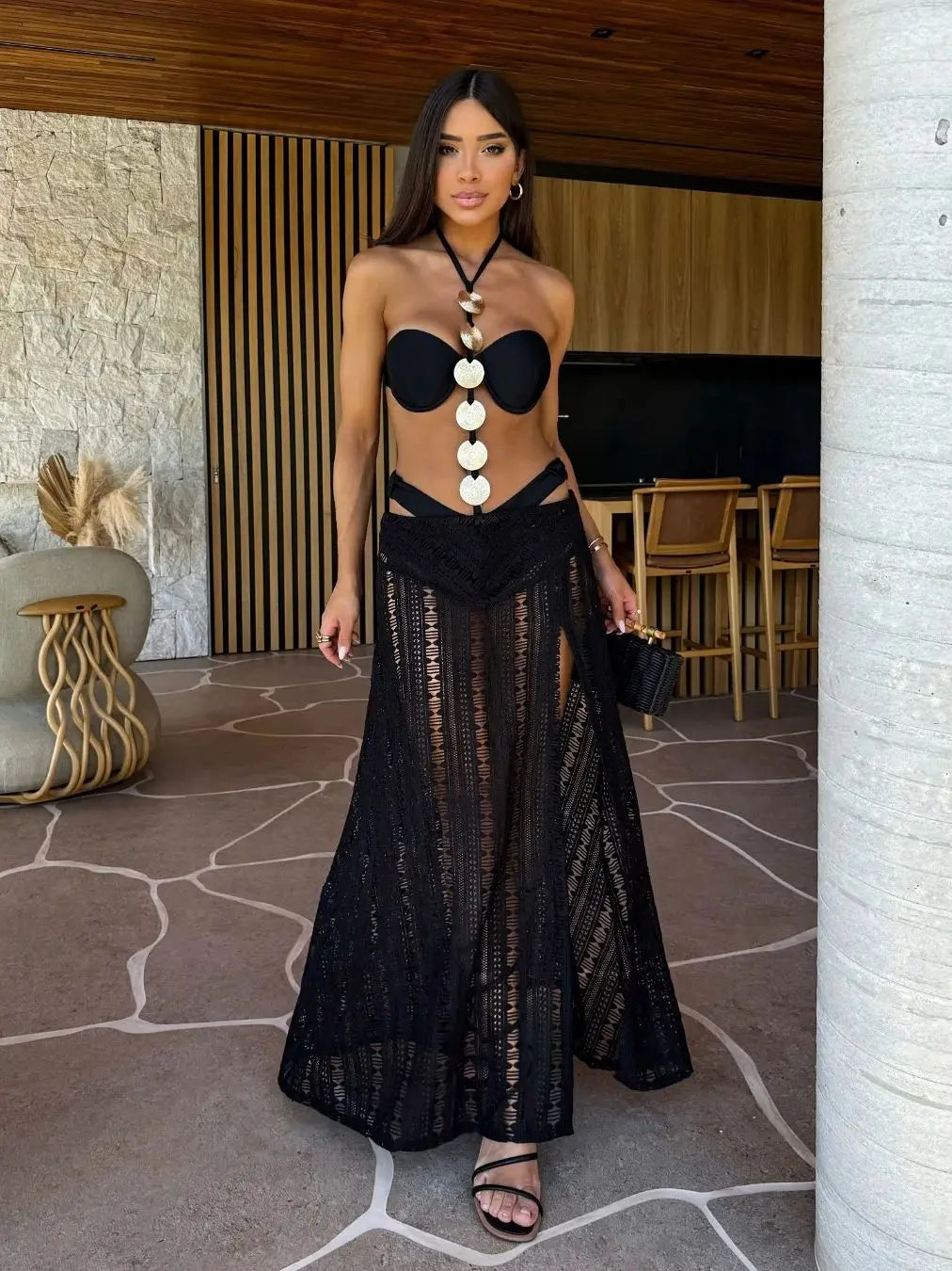 3 Pcs Swimwear with Skirt Women High Leg Bandage Swimsuit Tie-Neck Bathing Suit Halter Slit Skirt Beach Dance Robe