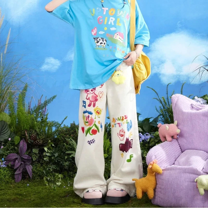 Kawaii Cartoon Young Style Sweet Summer Straight Jeans Women Printing Pockets Zipper Fashion Loose High Waist Wide Leg Trousers