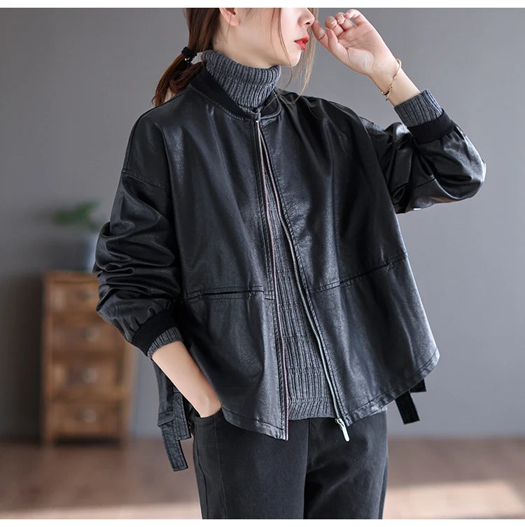 Amax luluE 2024 Autumn Fashion Biker Clothes Womens Loose Vintage Faux Leather Jackets Luxury Punk Pu Coats Black Big Outerwear