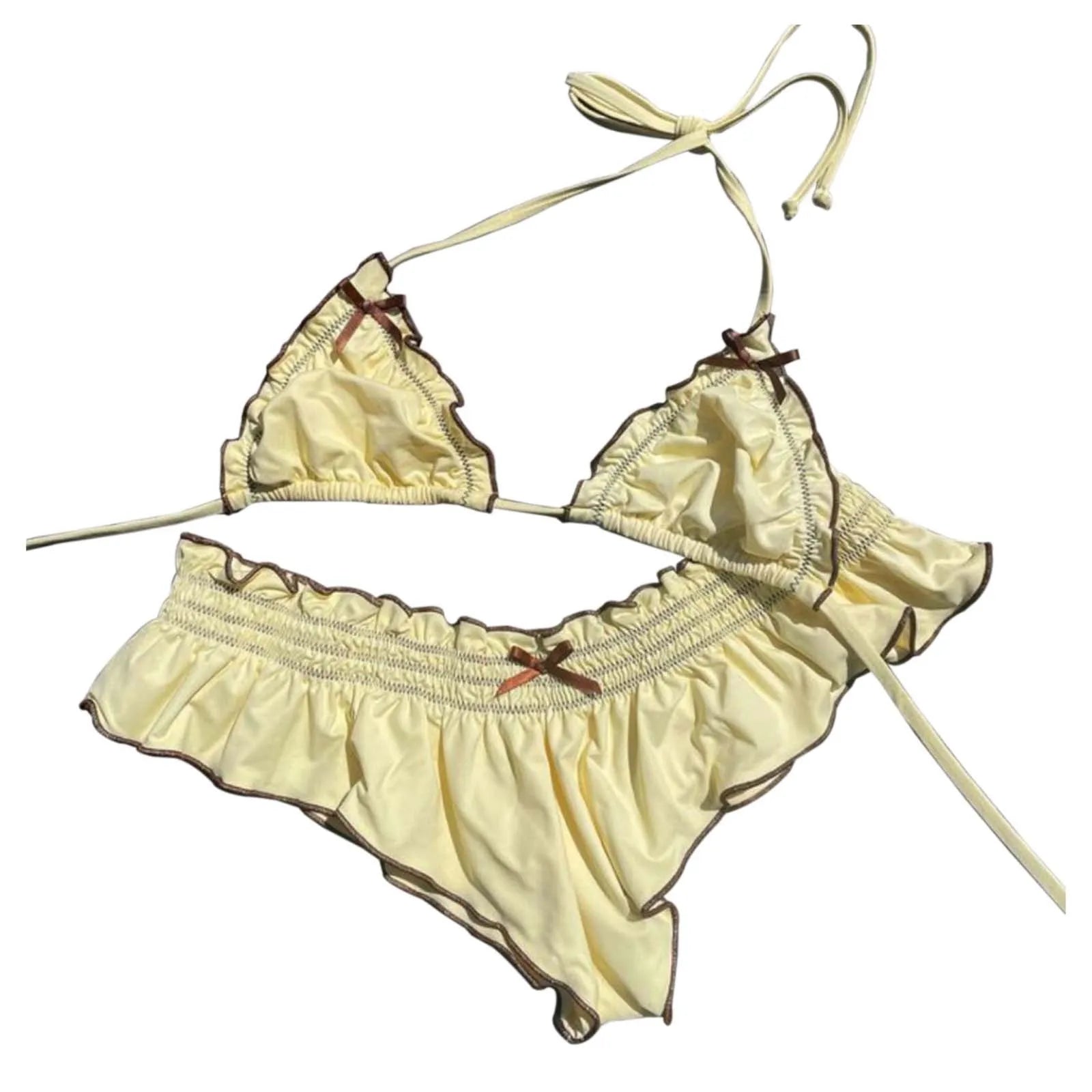 Girls' Yellow Bikini Swimsuit With Bow And Wooden Bead Detail Cute Beachwear For Kids Women High Cut Bandage Push Up Swimsuit