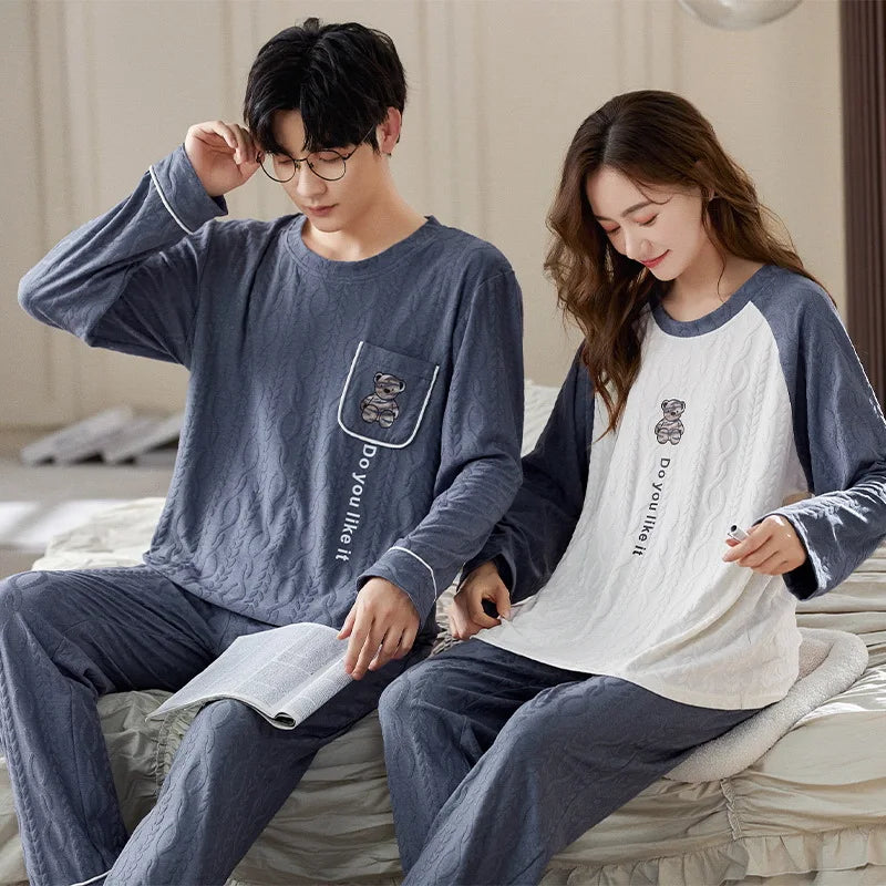 Couple Long Sleeves Sleepwear Autumn Winter Cotton Pajama Sets Print Pants Homewear Kawaii Clothes 2 Piece Sets Nightwear Lovers