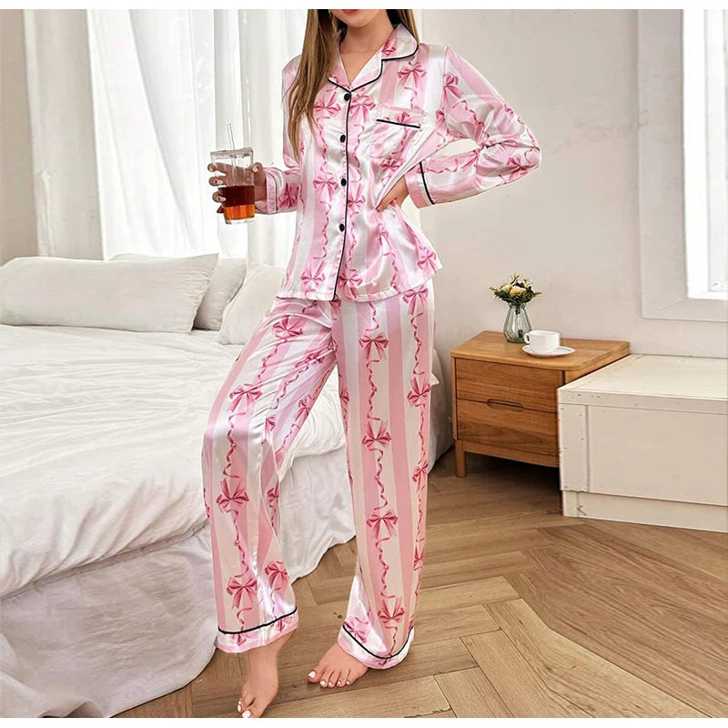 Two piece set of womens pajamas spring and autumn satin printed long sleeved top long pants casual and comfortable home suit set