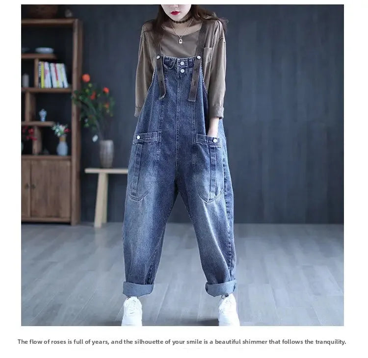 Loose Casual Denim Overalls Women's Wide Leg Pants Harem Jumpsuits Ageless plus Size New 2025 Fashion from Mainland China