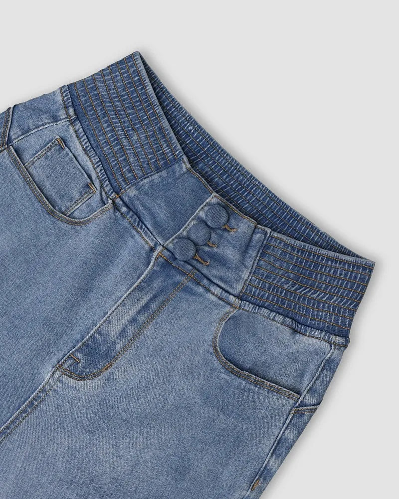 Spring Women Causal Jeans Back Shirred Button Front High Waist Jeans Denim Flare Pants