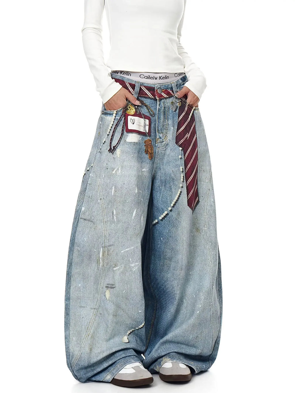 3D printed American retro straight leg wide leg jeans washed and worn high street jeans for women loose fitting Harajuku fashion