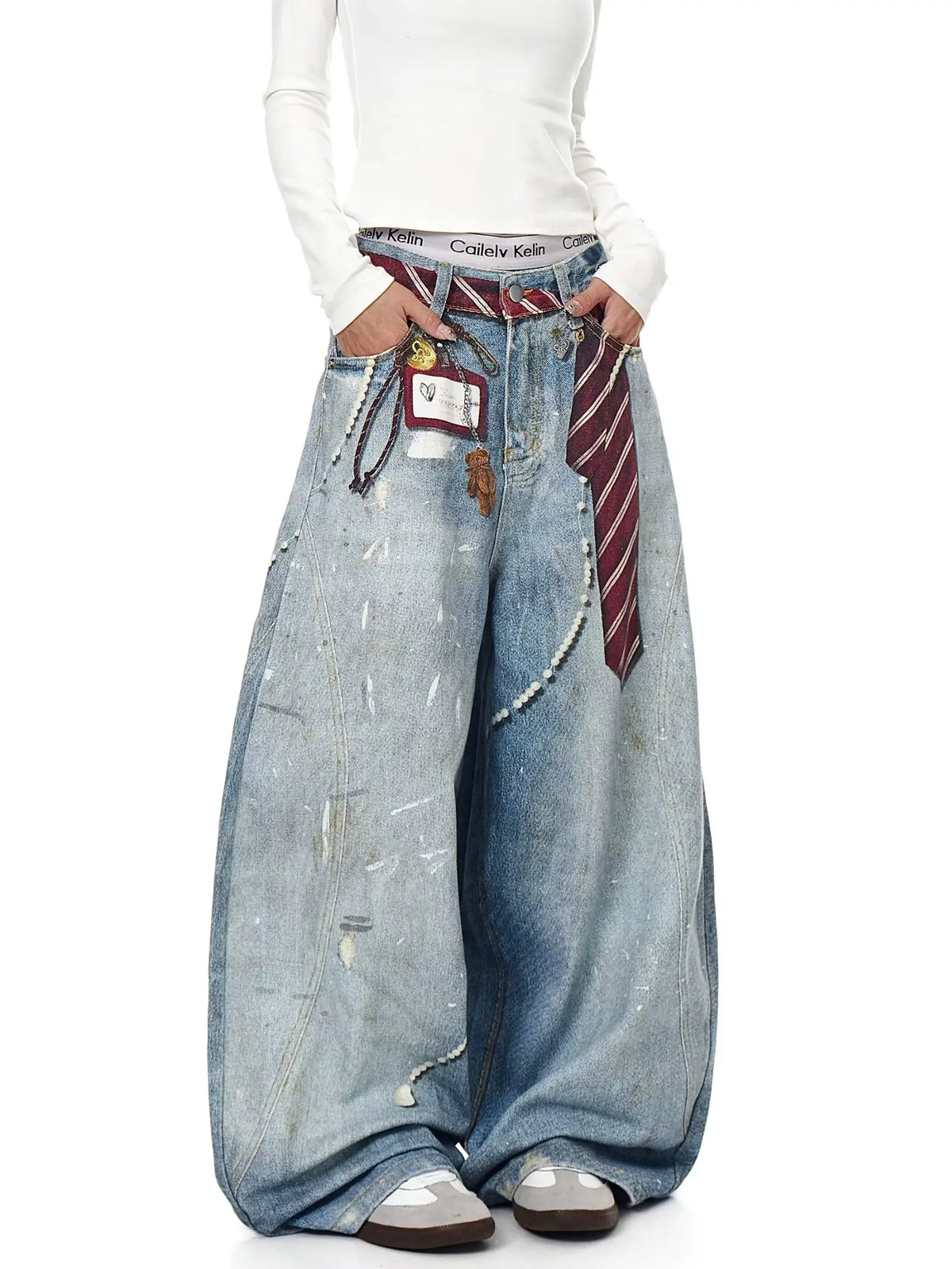 3D printed American retro straight leg wide leg jeans washed and worn high street jeans for women loose fitting Harajuku fashion