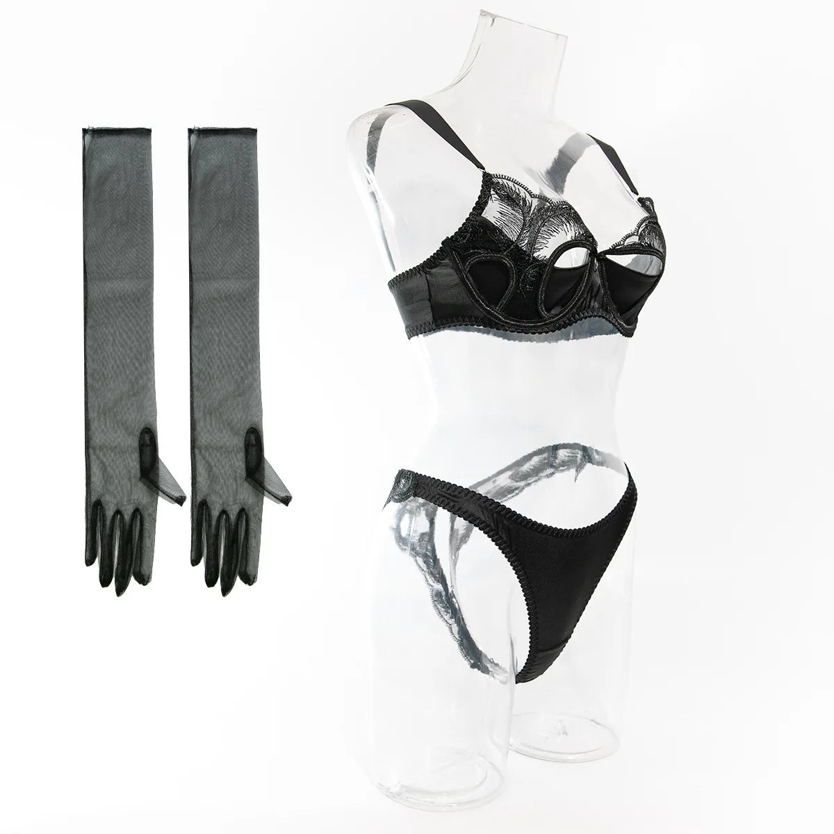Krasapt New Fashion Sexy Hollow Out Satin Splicing Sexy Female Underwear Women's Embroidery Lingerie Set With GLoves Intimates