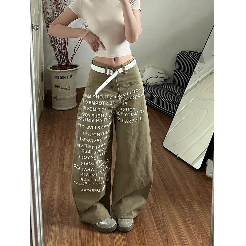 Women's Y2k Baggy Khaki Jeans Aesthetic 2000s Style Boyfriend Jean Pants Vintage Harajuku Letter Print Denim Trousers Clothes