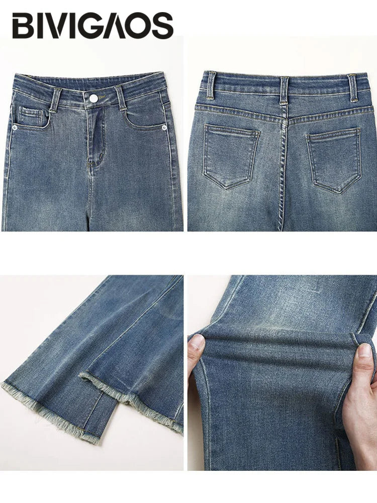 BIVIGAOS 2025 New Autumn Spring Micro Flared Jeans Women High Waist Slim Tight Retro Tassel Hem Stretch Denim Horseshoe Pants