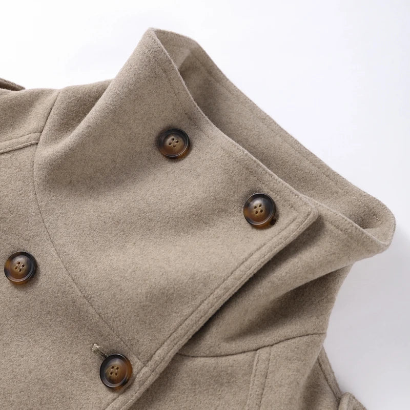 Elegant Stand Collar Long Woolen Coat Women Loose Full Sleeve Single Breast Warm Overcoat 2026 Spring Lady Outwear New