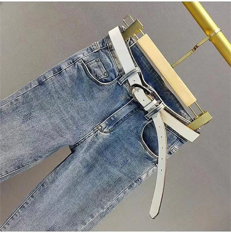 Spring Summer New 2025 Korean Slim Women Jeans Sequins Hot Drilling Denim Pants Ladies Pencil Cowboy Pants Trousers Lady