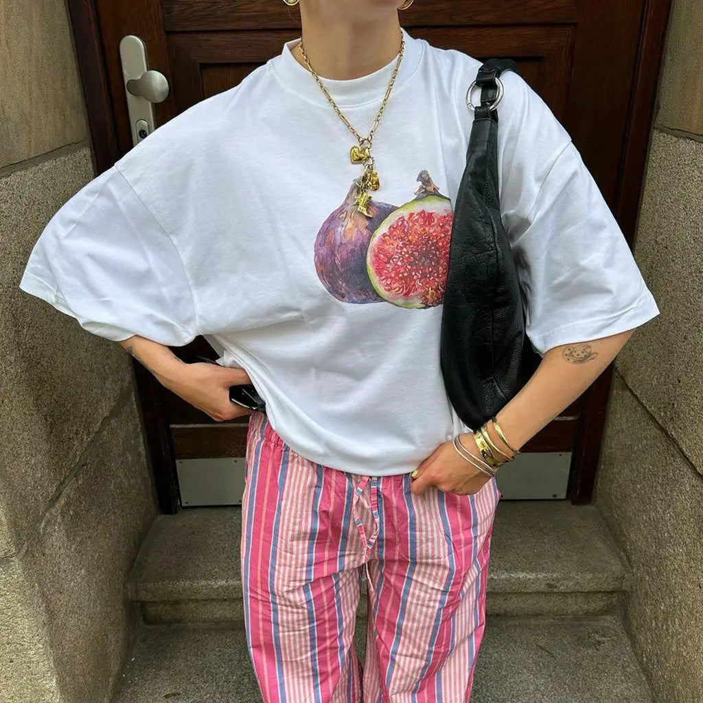Women's Summer Basic Y2K T-Shirt Chili/ Fig/ Ocean/ Lamp Print Casual Short Sleeve Tops for Streetwear Aesthetic Clothes
