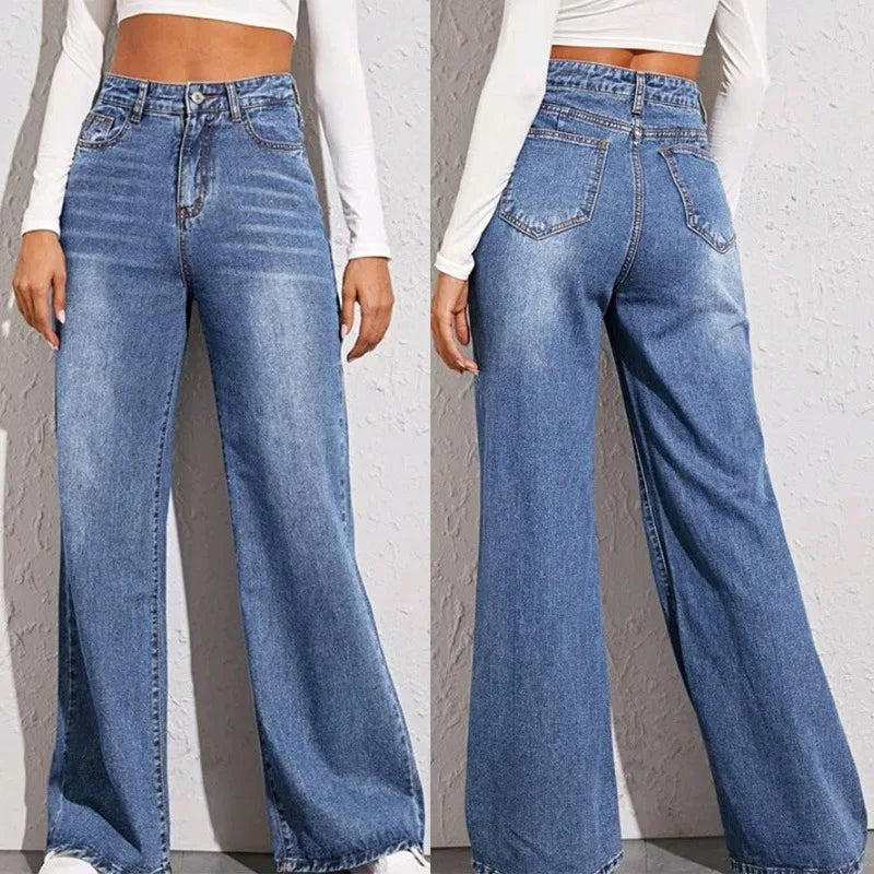 Blue Jeans for Women Wide Leg Pants Straight Long Pant Denim Trousers High Waist Y2k Loose Elegant Trouser Autumn Spring 2025