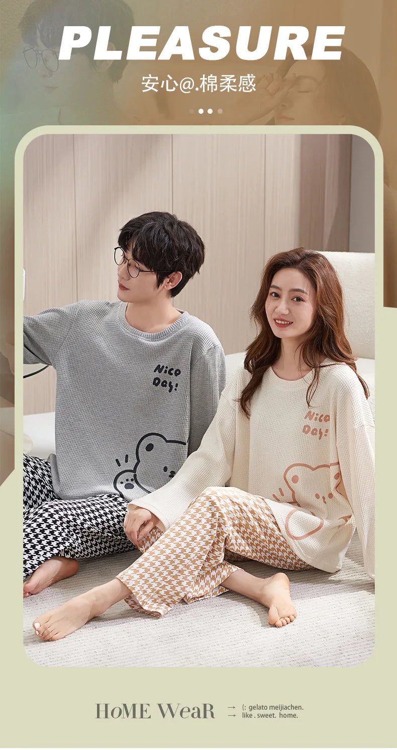 Couple Long Sleeves Sleepwear Autumn Winter Cotton Pajama Sets Print Pants Homewear Kawaii Clothes 2 Piece Sets Nightwear Lovers