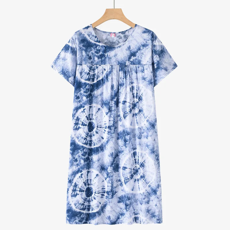 Middle-Aged and Elderly Cotton Silk Short-Sleeved Nightgown Homewear Women New Pajamas Thin Section Loose Homewear Dress Summer