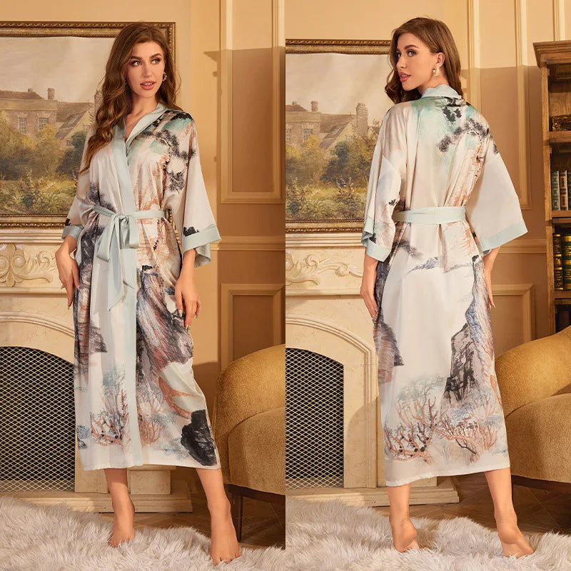 Print Flower Female Long Robe Sleepwear Japanese Kimono Bathrobe Gown Spring Summer Satin Nightgown Loose Casual Home Dress Wear