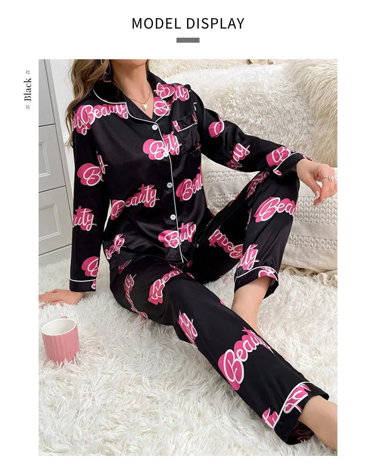 Cute Cat Print Pajama for Women Satin Long Sleeve Lapel Collar Tops & Pants Pyjama Loungewear for Fall Ladies Sleepwear Pj Sets