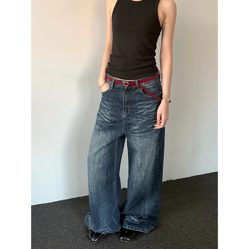 2025 Spring Vintage 2000s Loose Washed Do Old Wide Leg Pants Women's Harajuku Casual Jeans Y2K Baggy Blue Denim Trouser