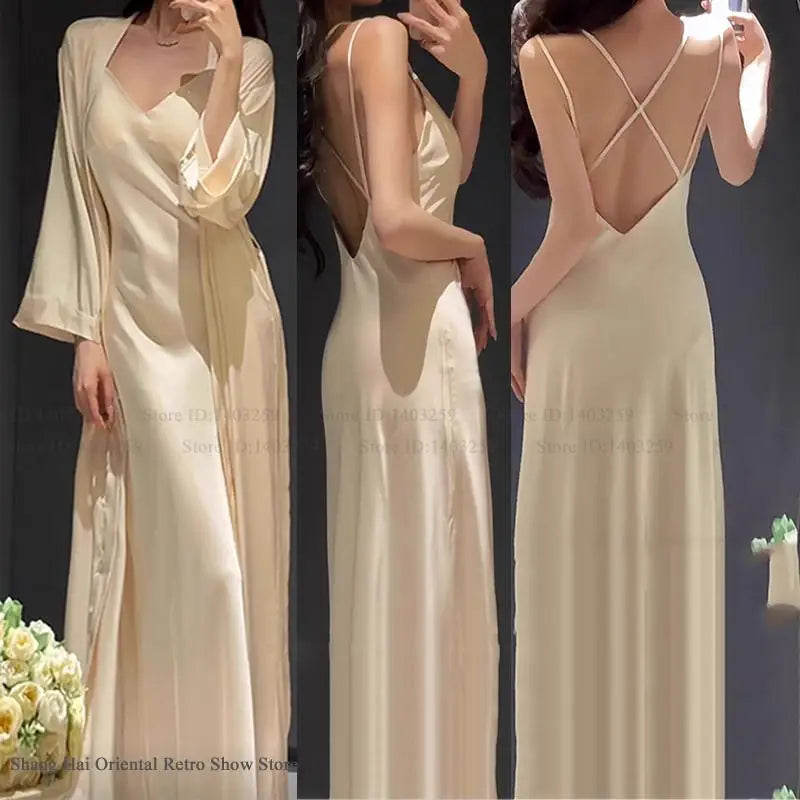 New Female 2PCS Long Robe Nightgown Sleepwear Set Backless Suspender Nightdress Lingerie Elegant SEXY Home Dress Loungewear