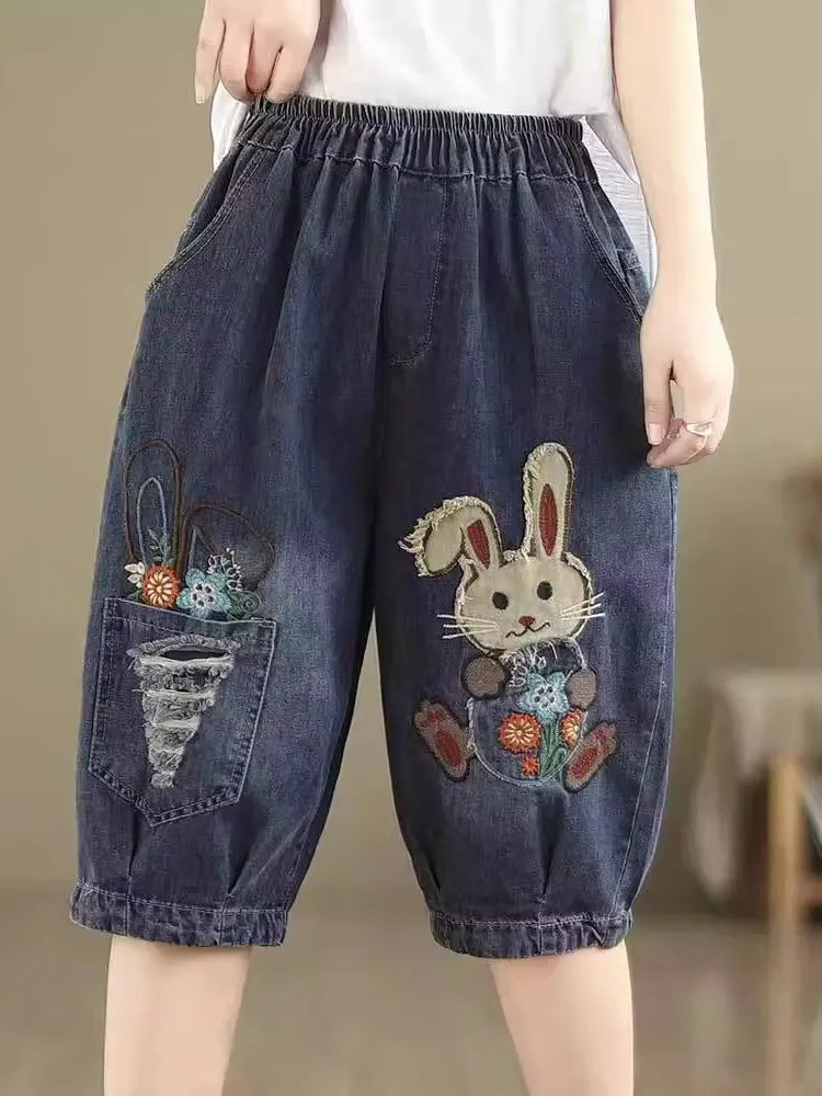 High Waist Loose Fit Cartoon Embroidery Denim orts Women's Summer Thin Harem Pants Wide Leg Casual Trousers