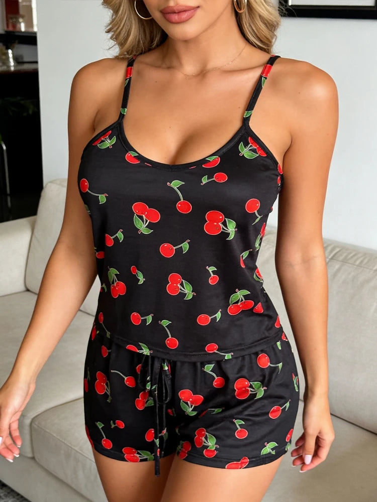 Summer Women's Cherry Print Pajama Set Sexy Ice Silk Sleeveless Vest and Shorts Girls Casual Cute Printed Sleepwear for Lounging