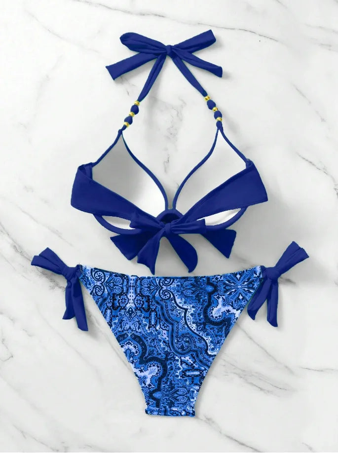 2026 Push Up Halter Bikini Printed Swimsuit Women Sexy Strappy Swimwear Female Bathers Bathing Swimming Swim Suit Beachwear