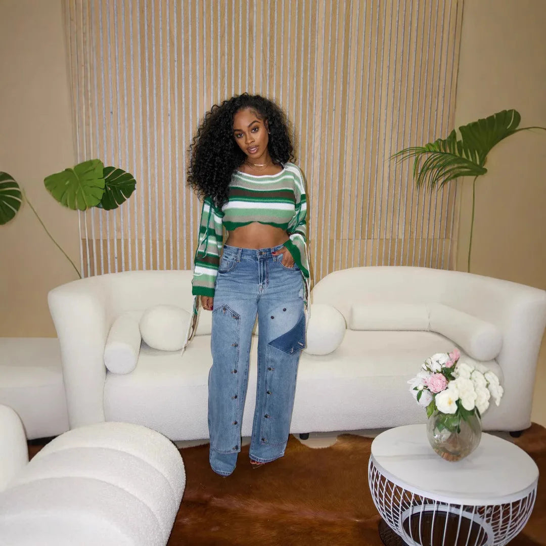 Women Mom Jeans Casual Splice High Waist Trousers Button Zipper Straight Pant Y2k Streetwear Loose Blue 2025 Summer Mom Jeans