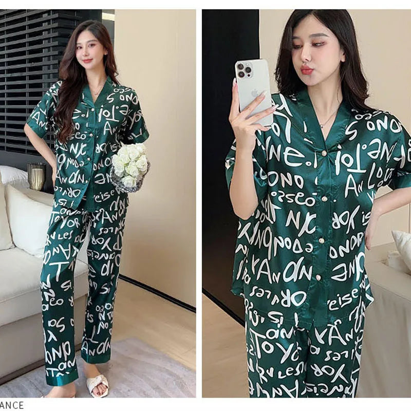2 Pieces/Set Ladies Pajamas Ladies Homewear Women's Ice Silk Short Sleeve Long Pants Set Large Bear Pajamas Girls Clothes Lounge