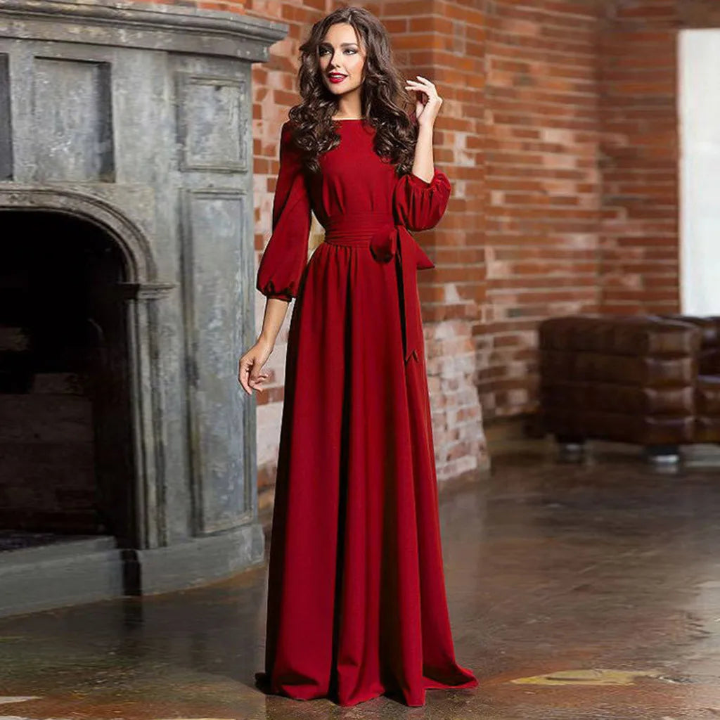 Women's Long Sleeve Dress A Line Solid Tie Up Waisted Formal Dresses For Women Vintage O Neck Medieval Long Dresses For Women