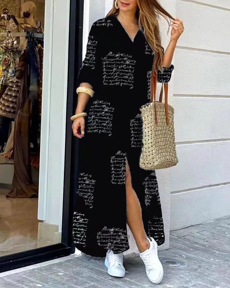 Camouflage Leopard Letters Floral Printed Dresses for Women 2025 Buttons Long Sleeve Loose Split Casual Solid Maxi Dress Robe