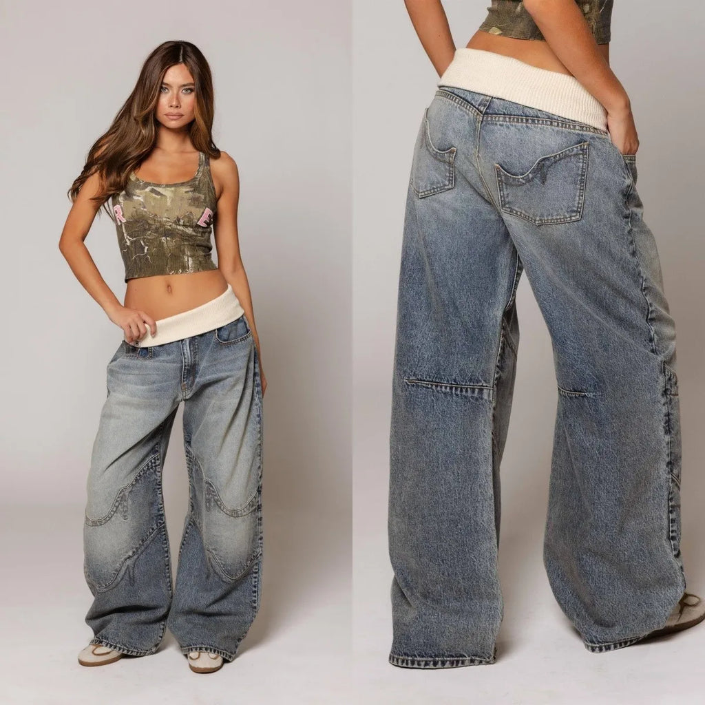 Redm Ribbed Waistband Straight-Leg Jeans Vintage Washed Blue Wide-Leg Pants Embroidered Jeans All-Season Jeans Loose Vintage Pants Street Style High-Waisted Slimming Floor-Length Pants