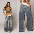 Redm Ribbed Waistband Straight-Leg Jeans Vintage Washed Blue Wide-Leg Pants Embroidered Jeans All-Season Jeans Loose Vintage Pants Street Style High-Waisted Slimming Floor-Length Pants