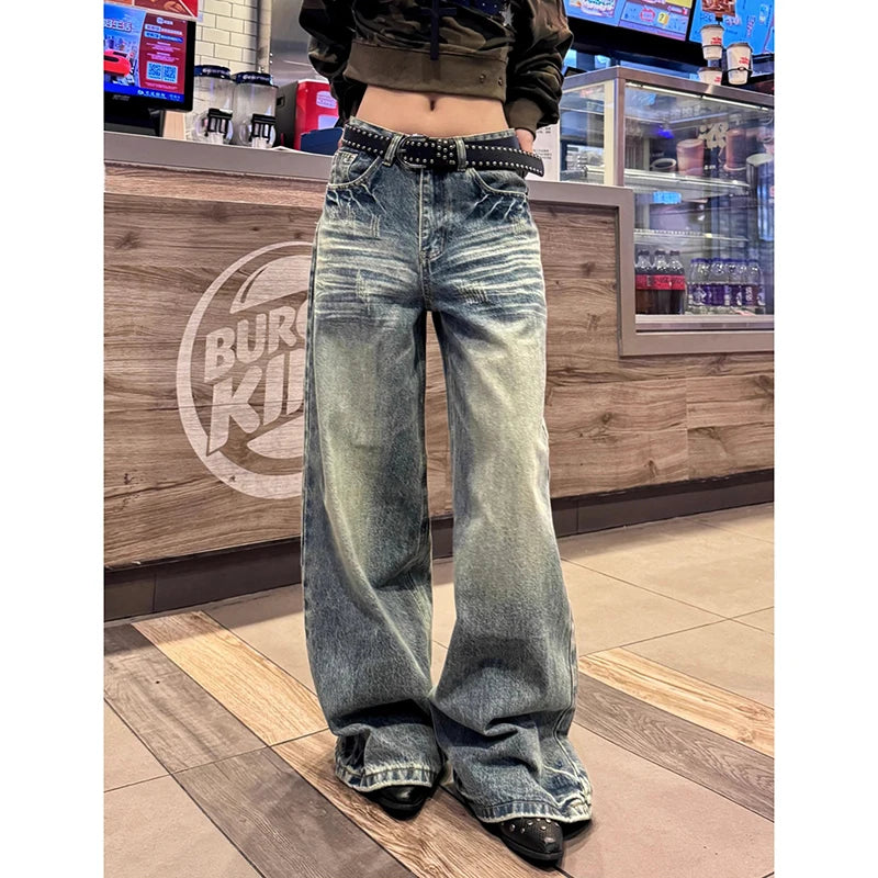Blue Women's Jeans Hip-hop Fashion Vintage Streetwear Y2K Wide Leg Straight Jean High Waist Trouser Classic Baggy Denim Pants
