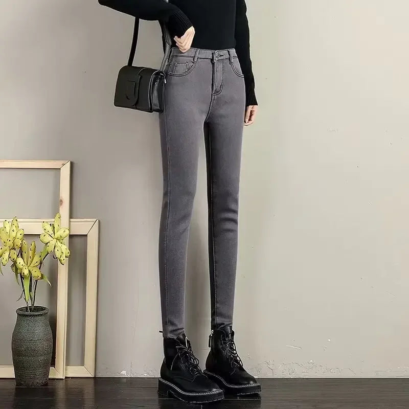 High Waist Fleece Lined Skinny Jeans Women's Autumn Winter New Style Pure Color Slimming Tight Fit Ankle Length Pants