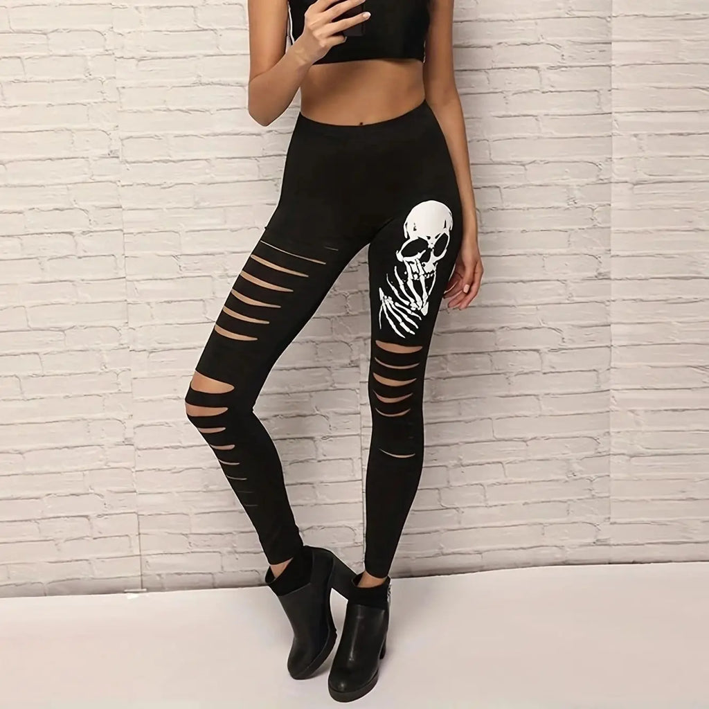Spring And Summer Hot Selling Ladies Fashion Ripped Leggings Women's Black Tight Nine-point Pants Skull Casual Small Foot Pants