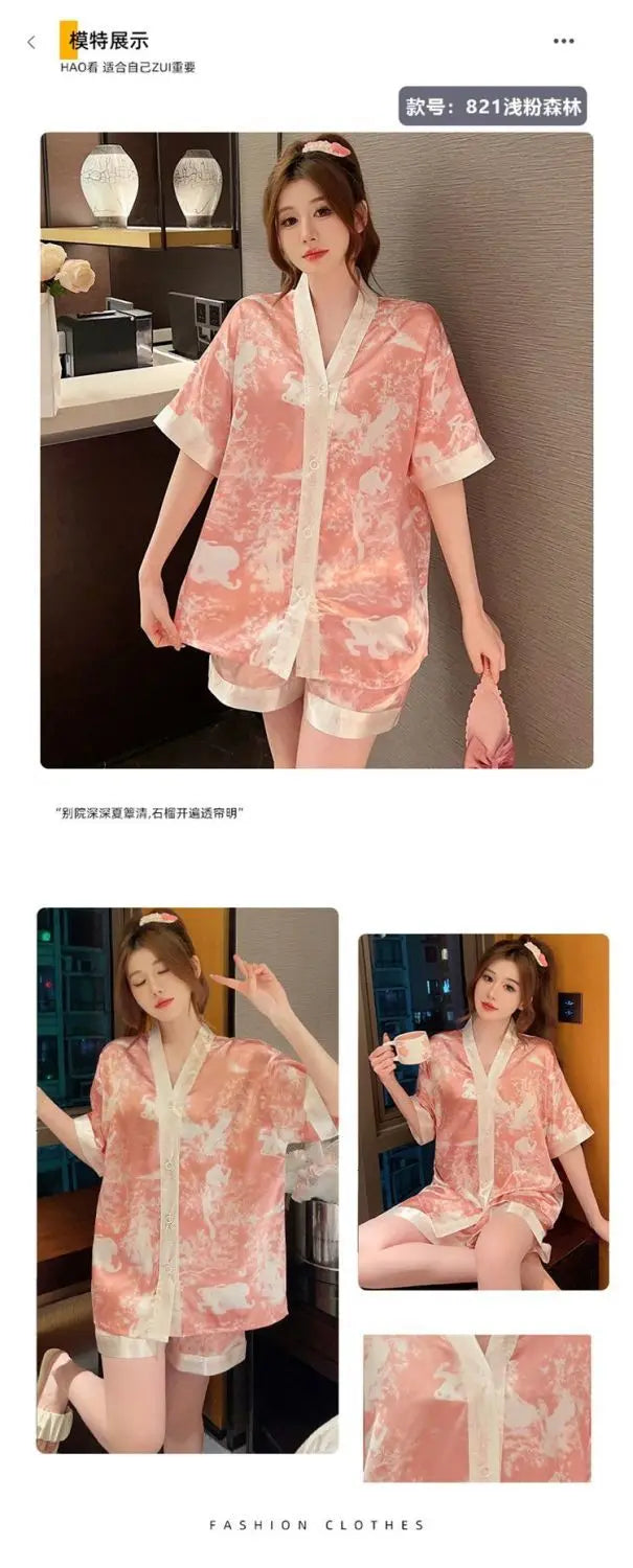 Luxury Women Silk Sleepwear Summer Short Sleeve Cardigan Shorts Two Pieces Homewear Kawaii Clothing Pajama Sets Nightwear Korean