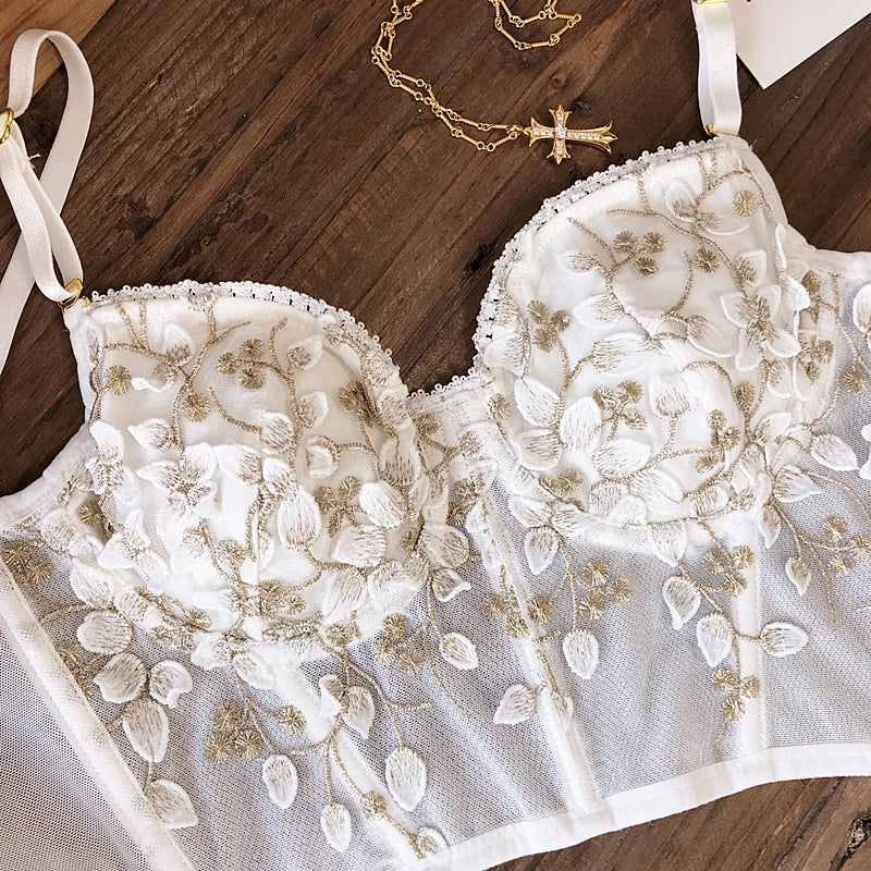 2 Pieces Sexy Lace Flowers Embroidery Underwear Set for Women French Body Shaping Push Up Bra Set Romantic White Lingerie Sets