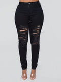 Women Slim-Fit Stretchy Ripped Jeans Button Zipper Pockets Stylish Casual Comfortable Denim Pants-Solid Color Black