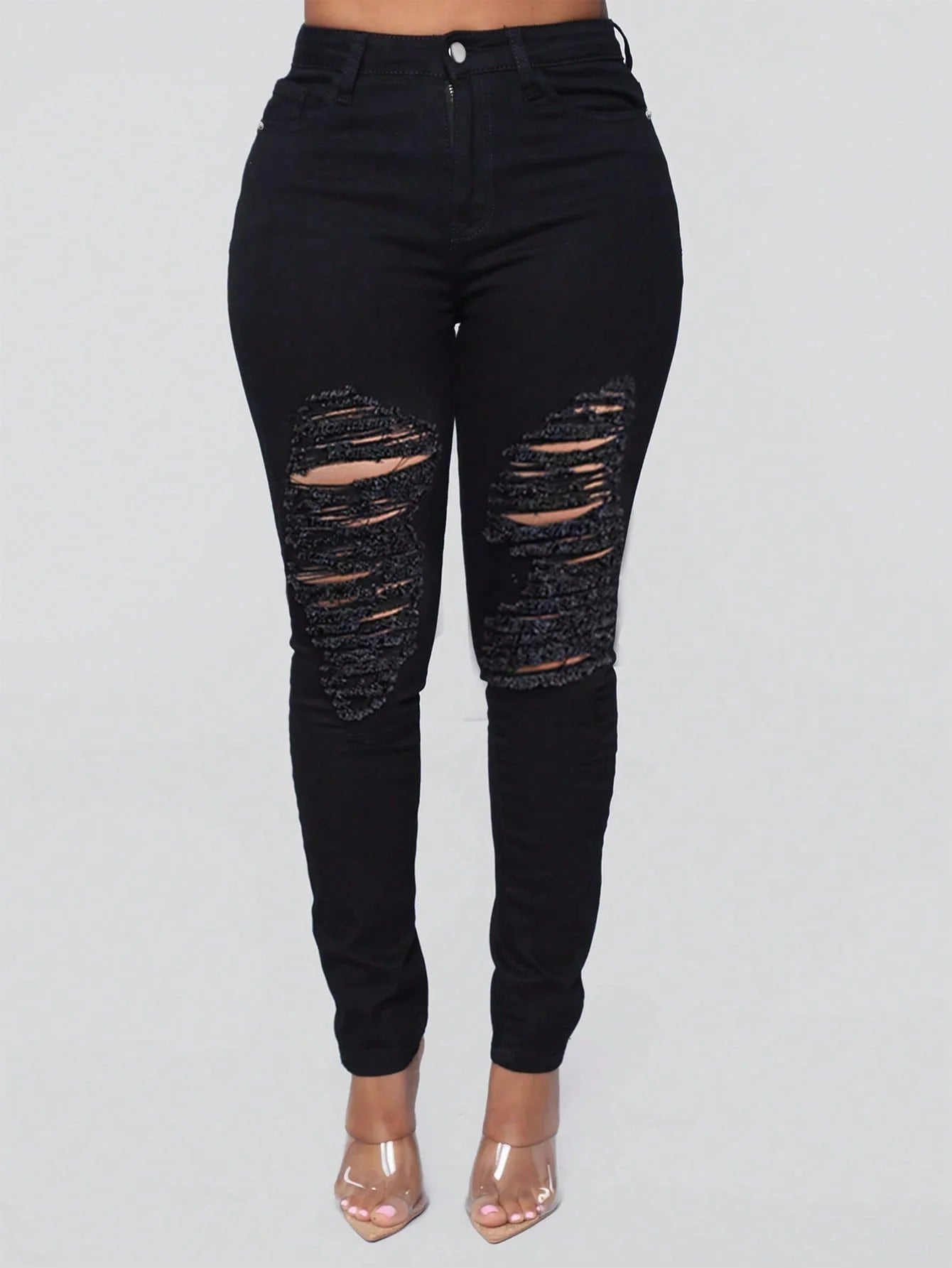 Women Slim-Fit Stretchy Ripped Jeans Button Zipper Pockets Stylish Casual Comfortable Denim Pants-Solid Color Black