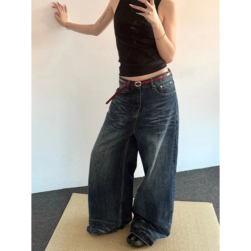 2025 Spring Vintage 2000s Loose Washed Do Old Wide Leg Pants Women's Harajuku Casual Jeans Y2K Baggy Blue Denim Trouser