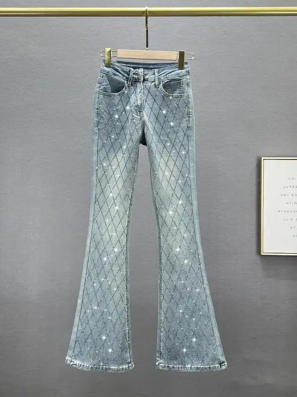 Slim-Fit Denim Micro Flared Pants Female Tide New Fashion Elastic High Waist Rhinestone Button Zipper Temperament Joker Pants
