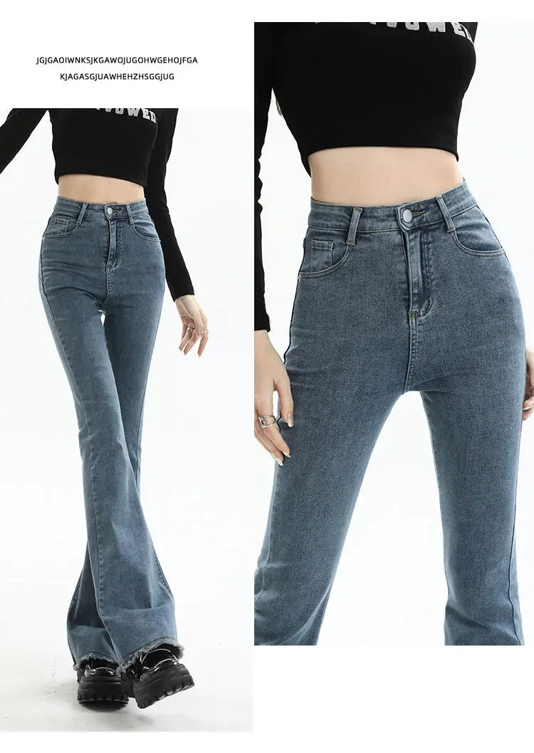 BIVIGAOS 2025 New Autumn Spring Micro Flared Jeans Women High Waist Slim Tight Retro Tassel Hem Stretch Denim Horseshoe Pants