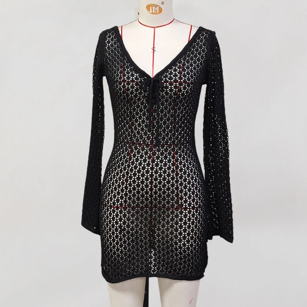 V Neck Long Sleeve Hollow Out Crochet Knitted Tunic Beach Cover Up Cover-ups Beach Dress Beach Wear Beachwear Female Women V6081