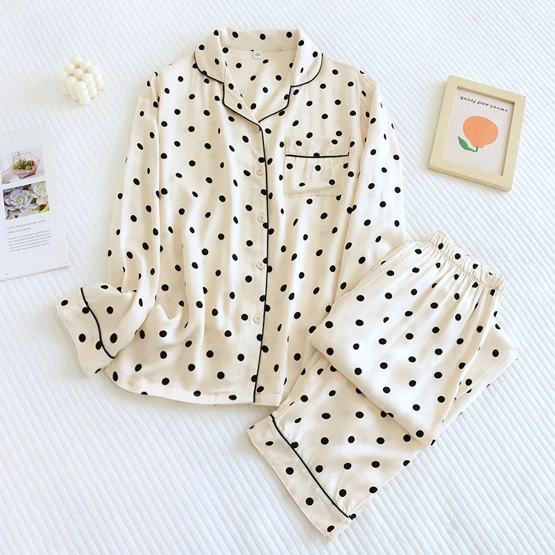 2023 Spring/Summer New Women's Pajama Set Gongsatin Cotton Women's Pajama Silk 100% Viscose Polka Dot Print Sleepwear 2-Piece