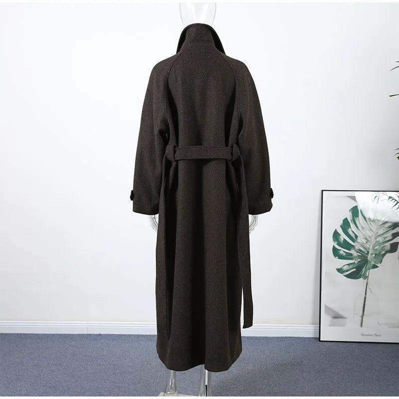 Elegant Stand Collar Long Woolen Coat Women Loose Full Sleeve Single Breast Warm Overcoat 2026 Spring Lady Outwear New