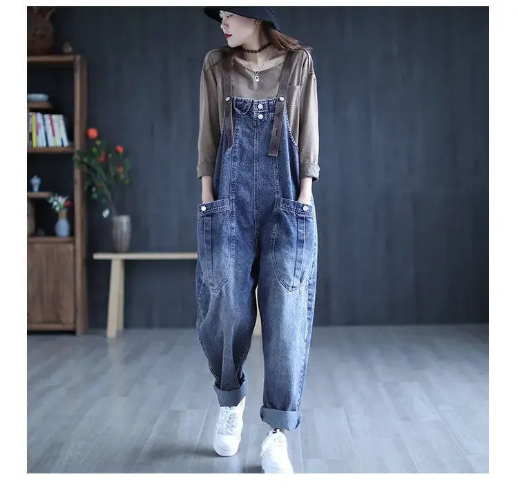 Loose Casual Denim Overalls Women's Wide Leg Pants Harem Jumpsuits Ageless plus Size New 2025 Fashion from Mainland China