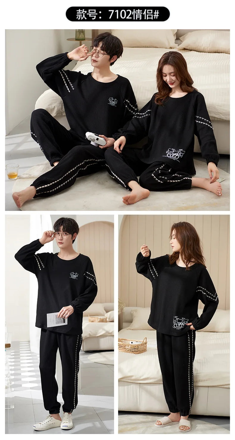 Couple Long Sleeves Sleepwear Autumn Winter Cotton Pajama Sets Print Pants Homewear Kawaii Clothes 2 Piece Sets Nightwear Lovers