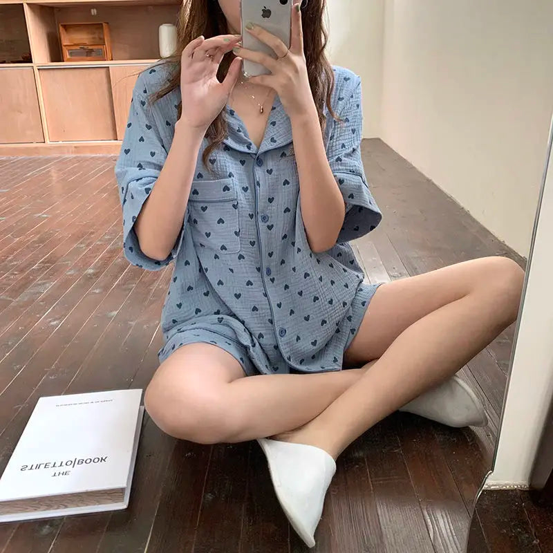Cotton Women's Pajamas Korean Sleepwear Summer 2021 Pijama Heart Print Pyjamas Short Sleeve 2 Piece Set Suits Loungewear