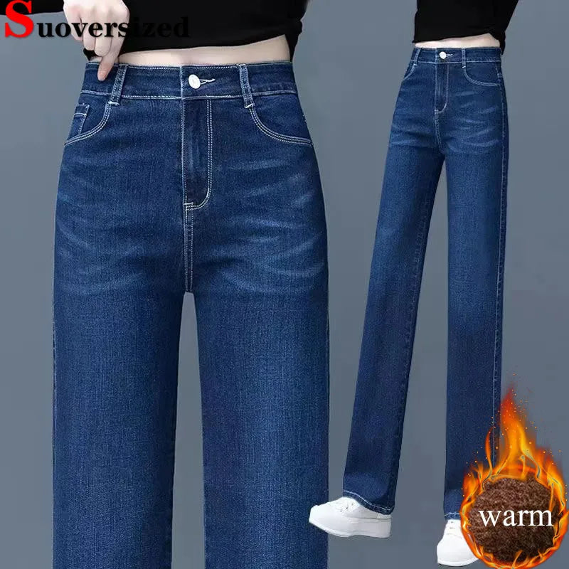 Women Vintage Thicken Loose Straight Jeans Korean Fashion High Waist Velvet Lined Denim Pants Winter Warm Snow Wear Vaqueros New
