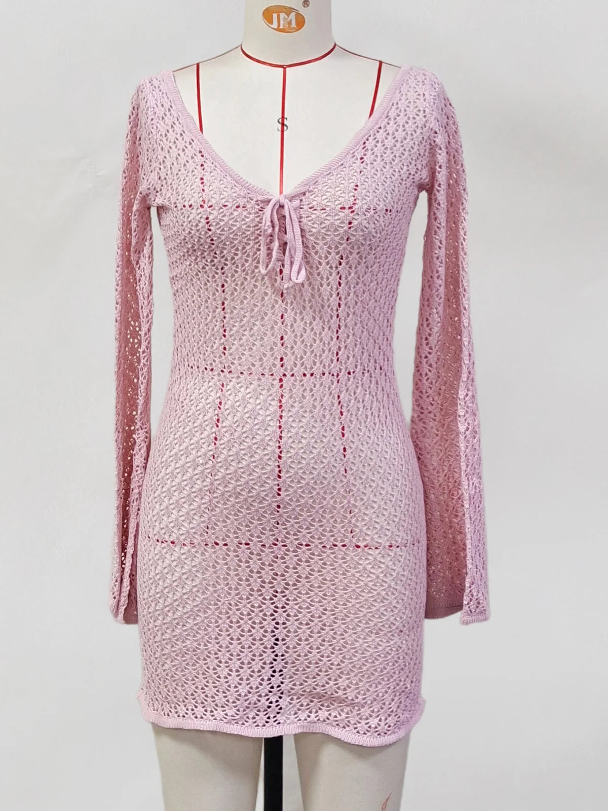 V Neck Long Sleeve Hollow Out Crochet Knitted Tunic Beach Cover Up Cover-ups Beach Dress Beach Wear Beachwear Female Women V6081